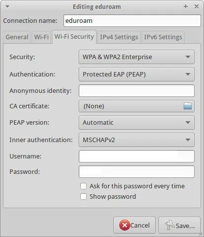 Linux Network Manager dialog for eduroam: Wi-Fi Security tab set to WPA & WPA2 Enterprise, Protected EAP authentication, and MSCHAPv2 inner authentication